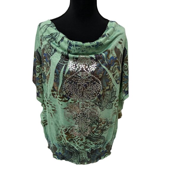 Style & Co Green Paisley Metallic Print Cowl Neck Top - NWT - Picture 3 of 4
